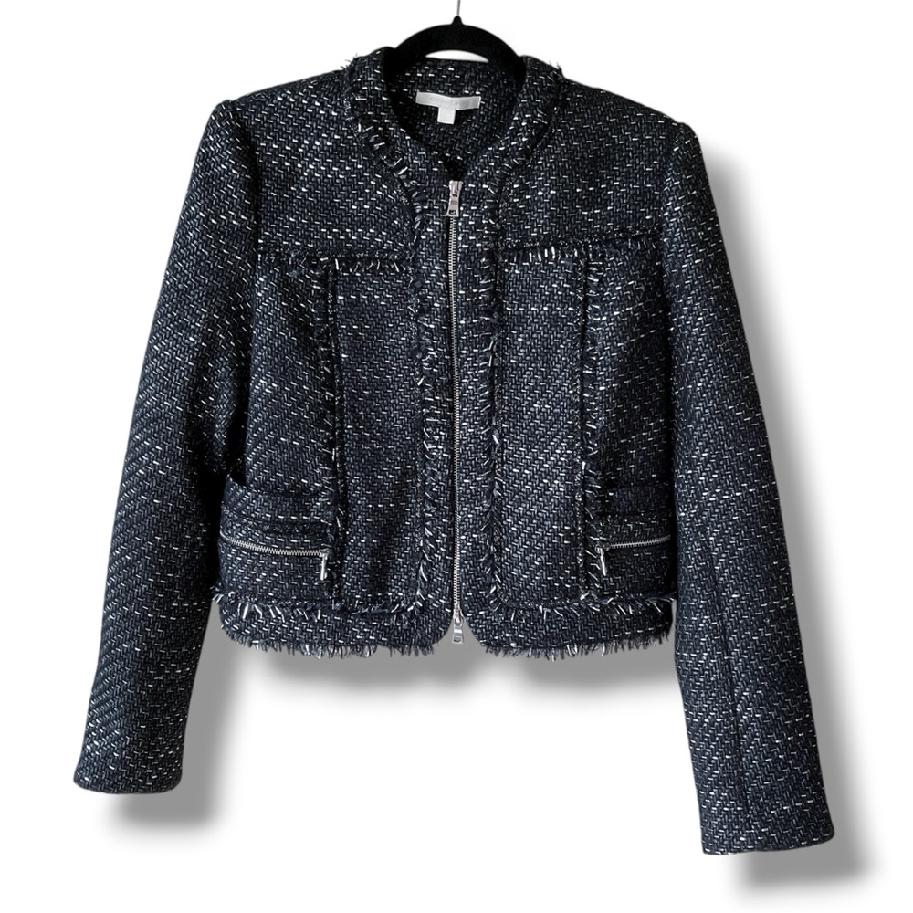 Jonathan Simkhai Sparkle Bouclé Tweed Cropped Jacket in Black/Silver Size M